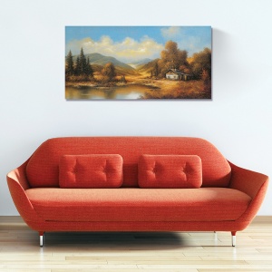Tablou Canvas - Peisaj, Dealuri, Rau, Copaci, Casuta, Toamna, 50 x 100 cm - Img 2