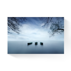 Tablou Canvas - Peisaj, Dimineata, Ceata, Nori, Copac, Barca, Lac, 80 x 120 cm