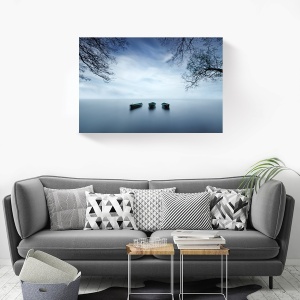 Tablou canvas peisaj dimineață cu ceață și barcă pe lac