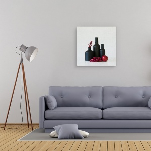 Tablou canvas - Studiu in Negru si Rosu, Natura Moarta, Vaza, Mar, Fruct, Struguri, 60 x 60 cm - Img 3