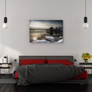 Tablou canvas - Trei cabane, Peisaj, Ceata, Zapada, Iarna, 80 x 120 cm - Img 3