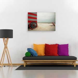 Tablou canvas - Vagon Rosu, Plaja, Rosu, Umbrela, Parasolar, Dungi, 60 x 90 cm - Img 2
