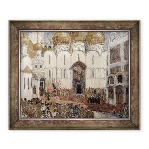 Tablou inramat - Aleksandr Jakovlevic Golovin - O piata din Kremlinul Moscovei, design de scena pentru Prolog, Scena 2 din opera Boris Godunov de Modest Petrovich Mussorgsky, 70 x 85 cm