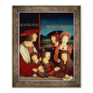 Tablou inramat - Bernhard Strigel - Maximilian I 1459-1519 cu prima sa sotie Maria de Burgundia 1457-82 intre ei fiul lor Filip I Spania si regele Castiliei, 50 x 60 cm