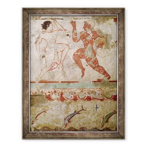 Tablou inramat - Etruscan - Doi dansatori si delfini sarind prin valuri, friza din mormantul leoaicelor in necropola, 70 x 90 cm
