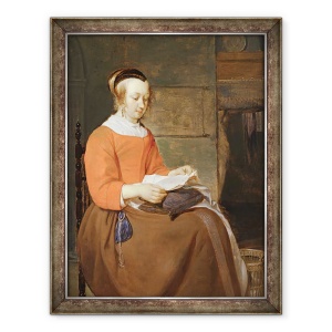 Tablou inramat - Gabriel Metsu - O femeie tanara asezata intr-un interior, 70 x 90 cm