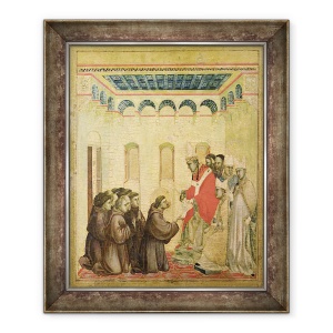 Tablou inramat - Giotto di Bondone - Papa Inocent III 1160-1216 Aprobarea Regulii, de la panoul predella de la Sf. Francisc Primirea Stigmatelor, 50 x 60 cm