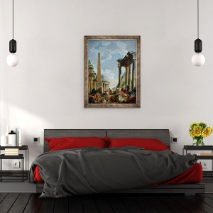 Tablou inramat - Giovanni Paolo Pannini - Capriccio arhitectural cu un predicator in ruine, 70 x 90 cm - Img 3