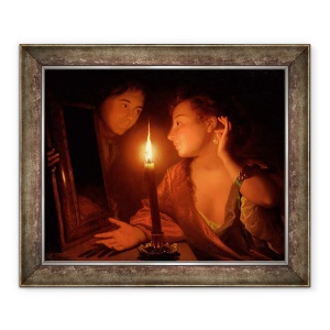 Tablou inramat - Godfried Schalcken - O doamna admirand un cercel la lumina lumanarilor, 70 x 85 cm