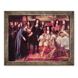 Tablou inramat - Henri Testelin - Jean-Baptiste Colbert 1619-83 Prezentarea membrilor Academiei Regale de stiinta lui Ludovic al XIV-lea 1638-1715 detalii ale partii centrale, 70 x 90 cm