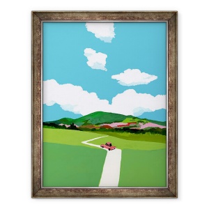 Tablou inramat - Hiroyuki Izutsu - Conducerea prin pajiste intr-o masina rosie., 60 x 80 cm