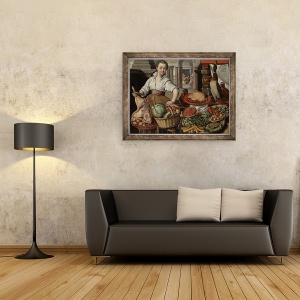 Tablou inramat - Joachim Beuckelaer - Scene bucatarie, cu Isus in casa Marta si Maria in fundal, 70 x 90 cm - Img 2