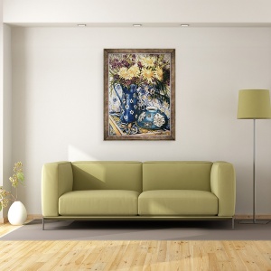 Tablou inramat - Joan Thewsey - Albastru impotriva albastru - Crizanteme si cana albastra emailata pe o tigla italiana, 60 x 80 cm - Img 2