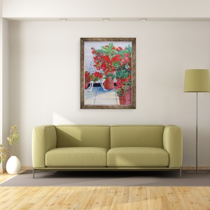 Tablou inramat - Joan Thewsey - Geraniums si petunii pe terasa, 2011, 70 x 90 cm - Img 2