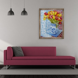 Tablou inramat - Joan Thewsey - Lalele rosii si galbene intr-un ulcior Copeland, 70 x 85 cm - Img 2