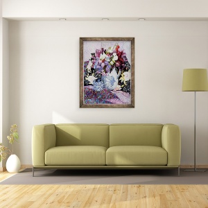 Tablou inramat - Joan Thewsey - Mazare dulce intr-o cana albastra si alba cu oala albastra si alba si textile, 60 x 80 cm - Img 2