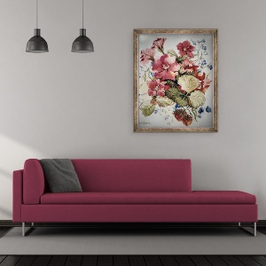 Tablou inramat - Joan Thewsey - Petunii, Lobelias, Begonii si Capsuni intr-o oala cu terasa, 50 x 60 cm - Img 2