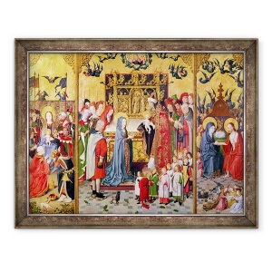 Tablou inramat - Master of the Holy Family - Altar al celor sapte bucurii ale Fecioarei, ilustrand Adorarea Magilor, Prezentarea in Templu si Hristos care apare la Maria, 70 x 90 cm
