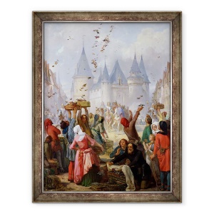 Tablou inramat - Pierre Charles Marquis - intoarcerea Sfantului Louis 1214-70 si Blanche de Castilia 1188-1252 la Notre-Dame, Paris, 70 x 90 cm