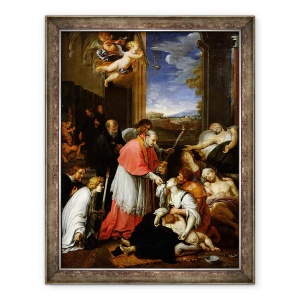Tablou inramat - Pierre Mignard - Sfantul Charles Borromeo 1538-84 Administrarea sacramentului victimelor ciuma din Milano in 1576, 60 x 80 cm