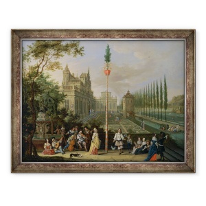 Tablou inramat - Pieter Gysels - Figuri elegante care joaca instrumente muzicale in jurul unui maypole ulei pe cupru, 60 x 80 cm