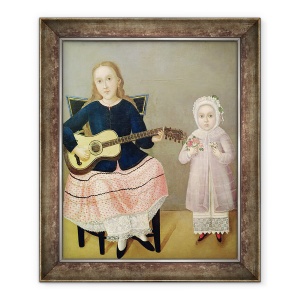 Tablou inramat - Scoala Mexicana - Tanara fata cu o chitara si un copil cu un buchet, 50 x 60 cm