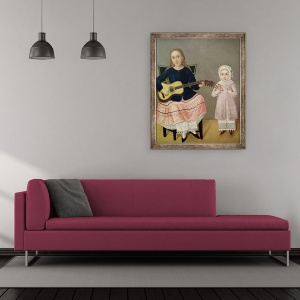 Tablou inramat - Scoala Mexicana - Tanara fata cu o chitara si un copil cu un buchet, 50 x 60 cm - Img 2