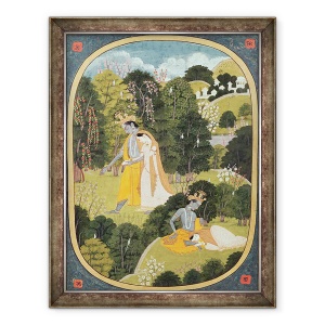 Tablou inramat - Scoala Pahari - Radha si Krishna de mers pe jos intr-o livada, Kangra, Himachal Pradesh, 70 x 90 cm