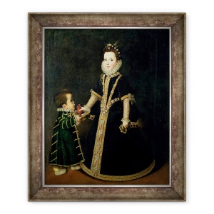 Tablou inramat - Sofonisba Anguissola - Fata cu un pitic, considerat a fi un portret de Margarita de Savoia, fiica Ducelui si Ducesa de Savoia, 50 x 60 cm