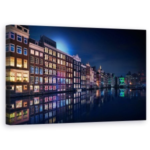 Tablou canvas - Culorile Geamurilor Din Amsterdam, Olanda, Canal, Rau, Noapte, 50 x 80 cm