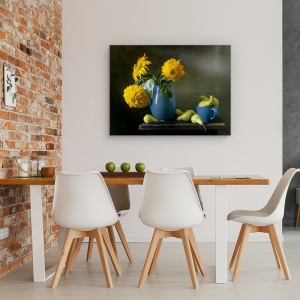 Tablou Canvas - Floarea-Soarelui, Pere, Vaza, Albastra, 75 x 100 cm - Img 4