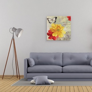 Tablou canvas - Flori, Flori, Galben, Rosu, Animale, Fluture, Pictura, 60 x 60 cm - Img 2