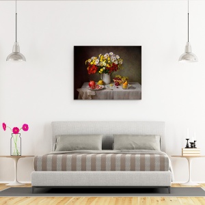 Tablou Canvas - Natura Moarta, Buchet, Floare, Flori, Pere, Struguri, 40 x 50 cm - Img 3