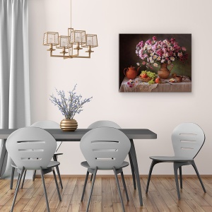 Tablou Canvas - Natura Moarta, Buchet, Floare, Roz, Vaza, Struguri, Cana, 40 x 50 cm - Img 4