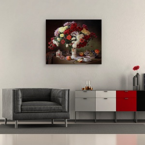 Tablou Canvas - Natura Moarta, Buchet, Natura Statica, Vaza, Floare, Fluxuri, Struguri, 40 x 50 cm - Img 2