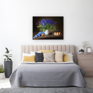 Tablou Canvas - Natura Moarta Cu Albastrea si Caisele, Blue, Buchet, Floare, 60 x 80 cm - Img 3