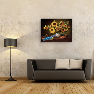 Tablou Canvas - Natura Moarta Cu Floarea-Soarelui si Prune Galbene, 75 x 100 cm - Img 2