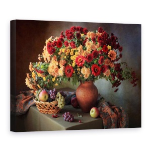 Tablou Canvas - Natura Moarta Cu Un Buchet De Crizanteme si Fructe, Flori, Vaza, Mar, 50 x 70 cm