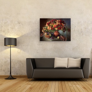 Tablou Canvas - Natura Moarta Cu Un Buchet De Crizanteme si Fructe, Flori, Vaza, Mar, 50 x 70 cm - Img 2