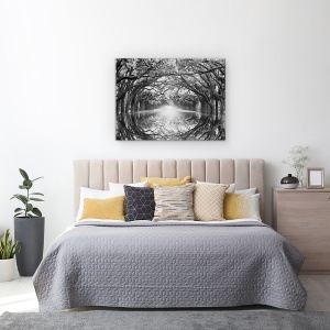Tablou canvas - Natura, Peisaj, Padure, Alb-Negru, Lac, Reflectie, Pictura, 60 x 80 cm - Img 3