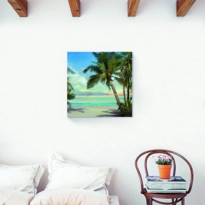 tablou decorativ tropical pe canvas cu palmieri și valuri