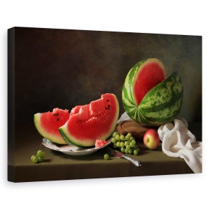 Tablou canvas - Natura statica cu pepene verde si struguri, Natura moarta, Pepene Galben, Bucatarie, Rosu, 60 x 90 cm