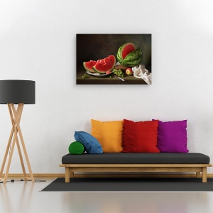 Tablou canvas - Natura statica cu pepene verde si struguri, Natura moarta, Pepene Galben, Bucatarie, Rosu, 60 x 90 cm - Img 2