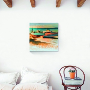 Tablou decorativ nautic cu bărci pe plajă pe canvas