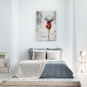 Tablou canvas - Oameni, Femeie, Rochie Portocalie, Ploaie, Pictura, 80 x 120 cm - Img 3