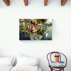 Tablou canvas decorativ cu piață urbană, oameni și flori
