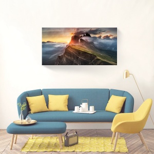 Tablou decorativ peisaj montan pe canvas cu munți la răsărit