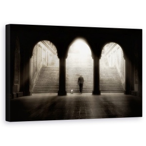 Tablou canvas - Plimbarea Matinala, Om, Caine, Arcuri, Arhitectura, 50 x 80 cm