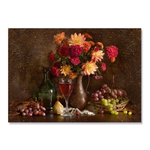 Tablou Canvas - Still life with autumn flowers, grapes and wine, 75 x 100 cm
