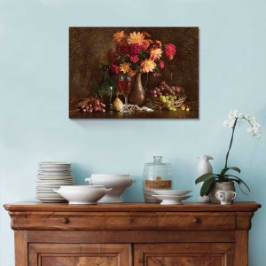 Tablou Canvas - Still life with autumn flowers, grapes and wine, 75 x 100 cm - Img 2